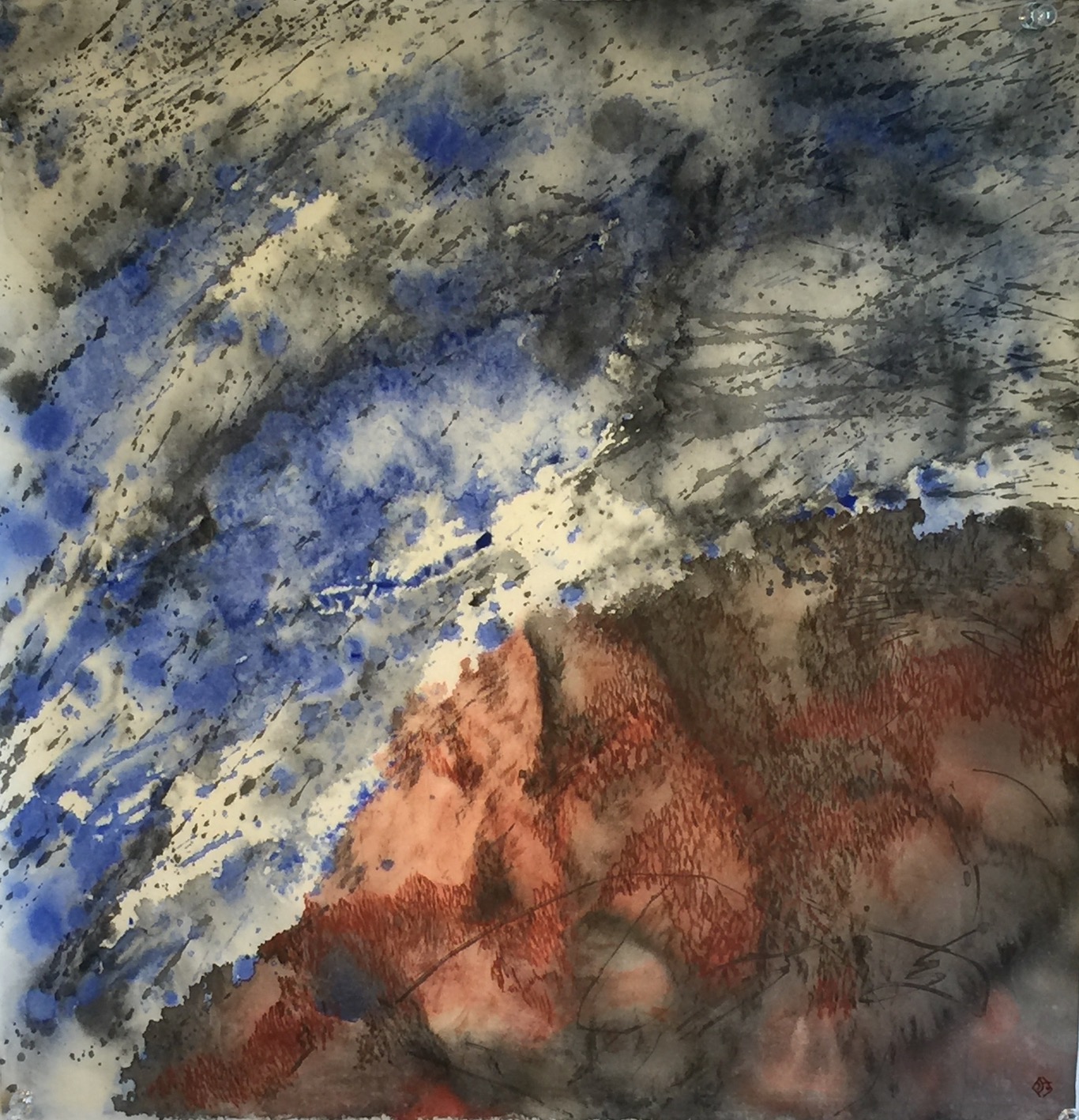 Red Rock in the Blue Air 1 49 X 48 cms sumi ink, acrylic, iron oxide 惑星の誕生 1 墨　アクリル　ベンガラ　　2020